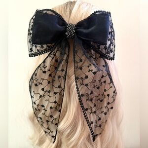 Elegant Black Embroidered Lace Oversized Hair Bow, Handmade & NWOT